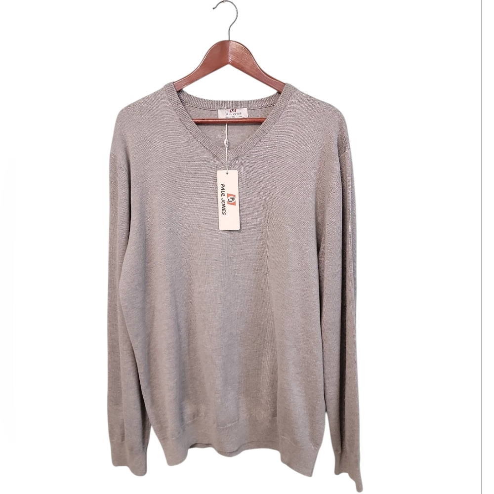 Paul Jones New Men's XXL Gray V‎ Neck Sweater Cotton Pullover Classic Career